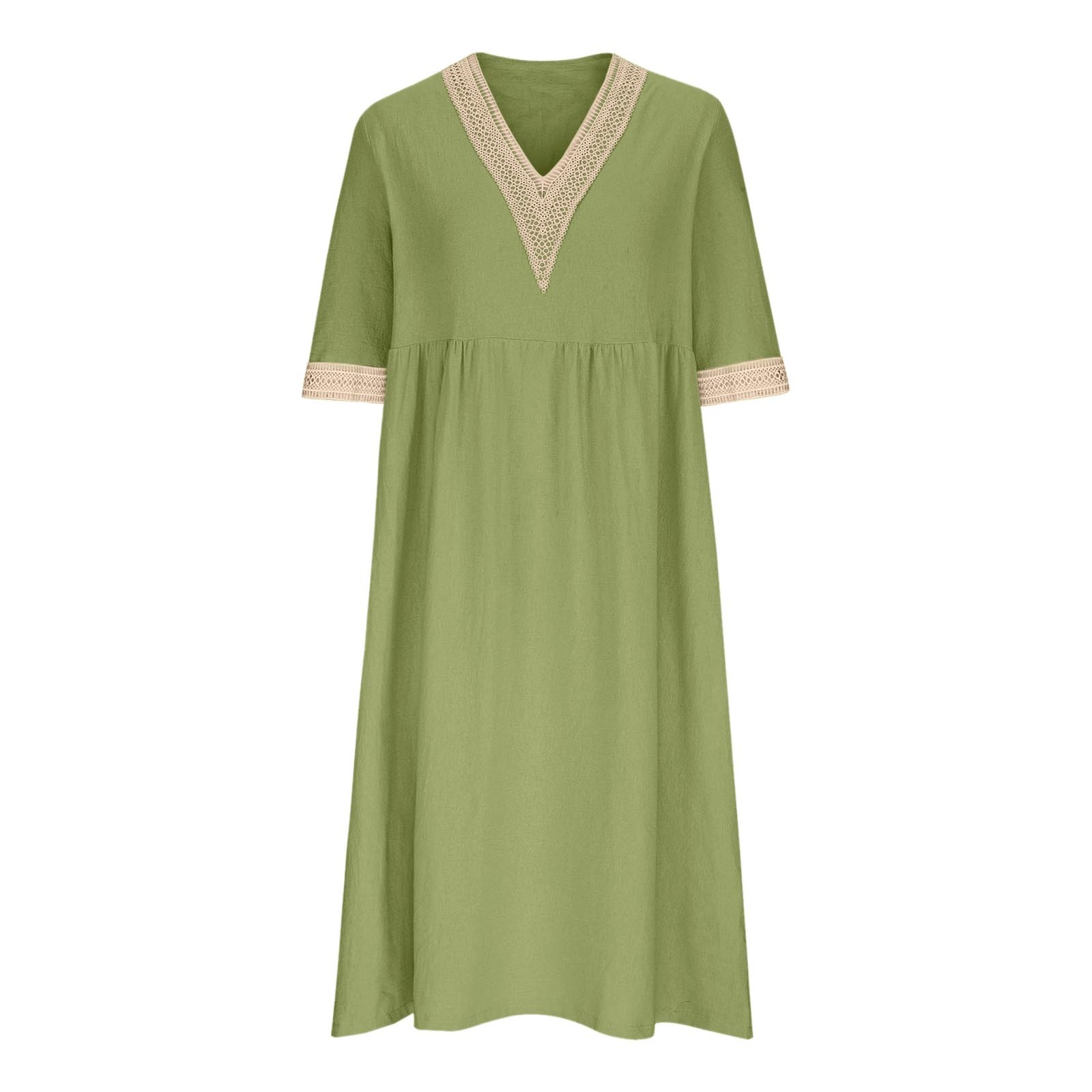 thumbnail image 5 of Vestido largo boho para mujer: vestido informal de manga corta con cuello en V, botones y bolsillos, cintura alta, 5 of 5